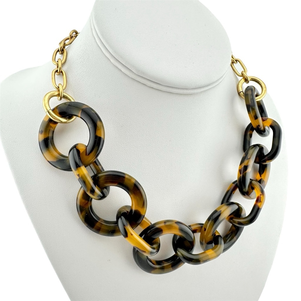 J.Crew Tortoiseshell Brown and Gold Chain Link Chunky Necklace - Picture 3 of 7